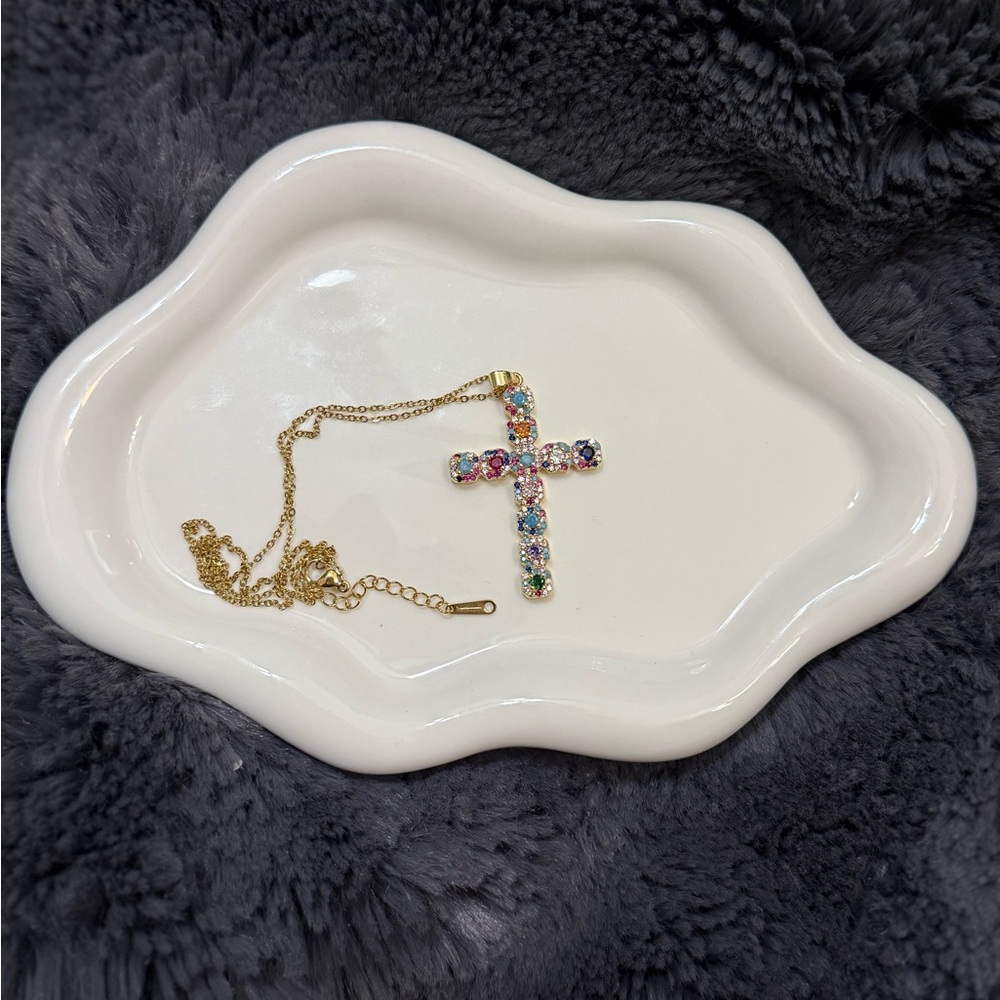 Elegant Gold Cross Necklace with Colorful Gems